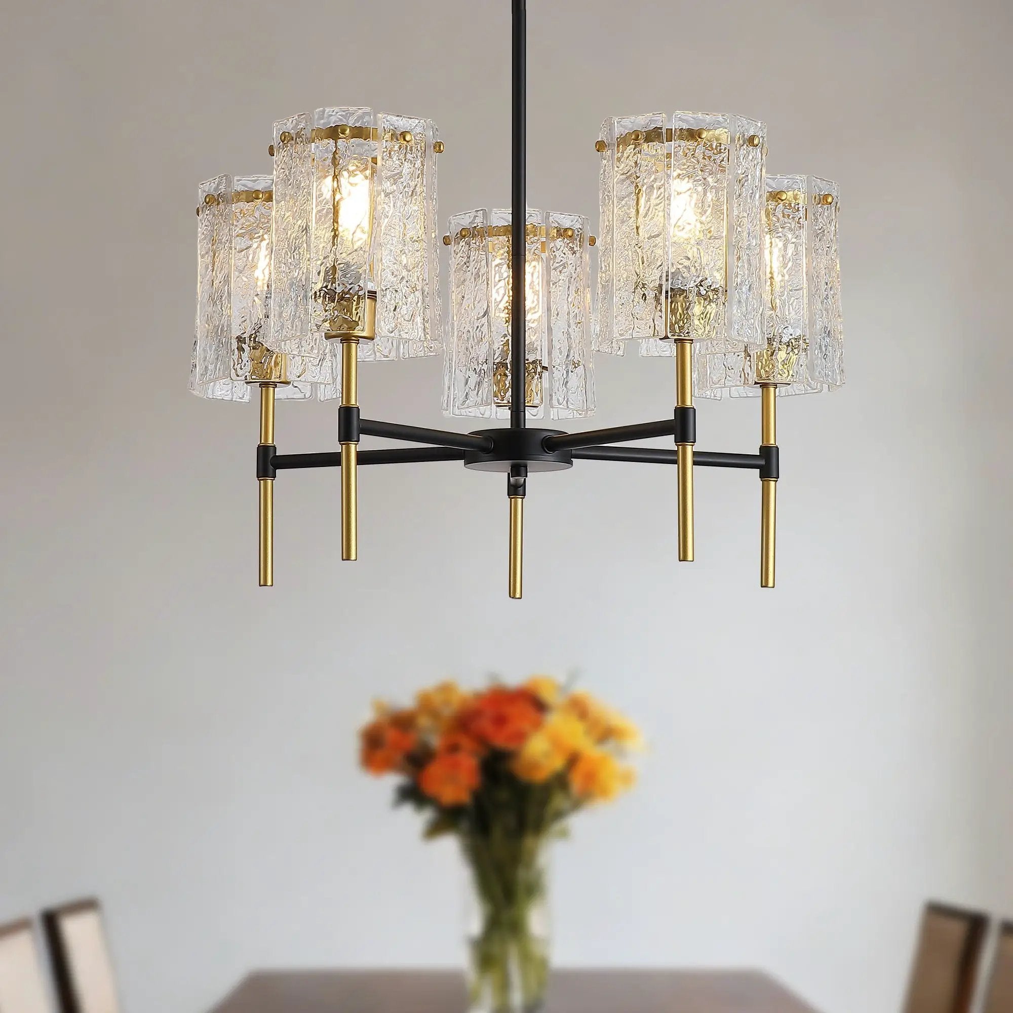 5 Light Chandelier, Textured Glass Pendant Light, (Not Including The Bulb) For Living Room - Black / Gold by Unique Piece Furniture