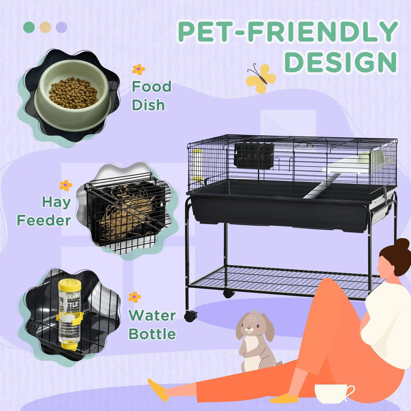Pawhut - Two-Story Small Animal Cage Removable From Stand, Guinea Pig Cage, Hedgehog Cage, Chinchilla Cage, Ferret, With Shelf & Wheels, Pet Habitat - Black by HouseOfZazla