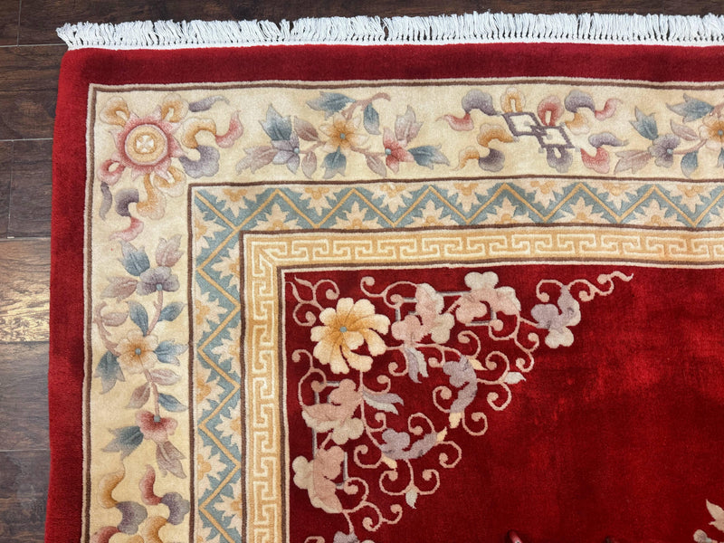Chinese Wool Rug 8.6 x 11, Red and Beige Asian Oriental Carpet, Plush Pile, Vintage Handmade Chinese Carving Sculpted Rug, Semi Open Field by Jewel Rugs