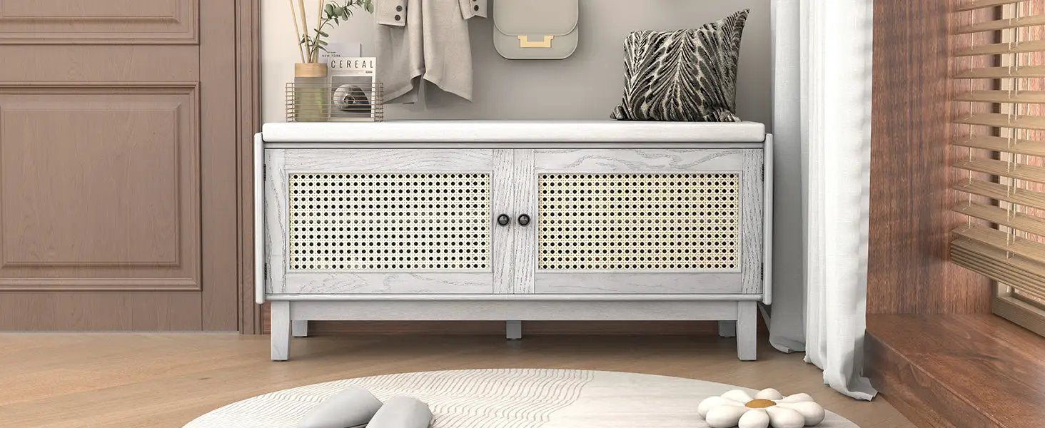 TREXM Boho Rattan Entryway Bench with Storage by HouseOfZazla
