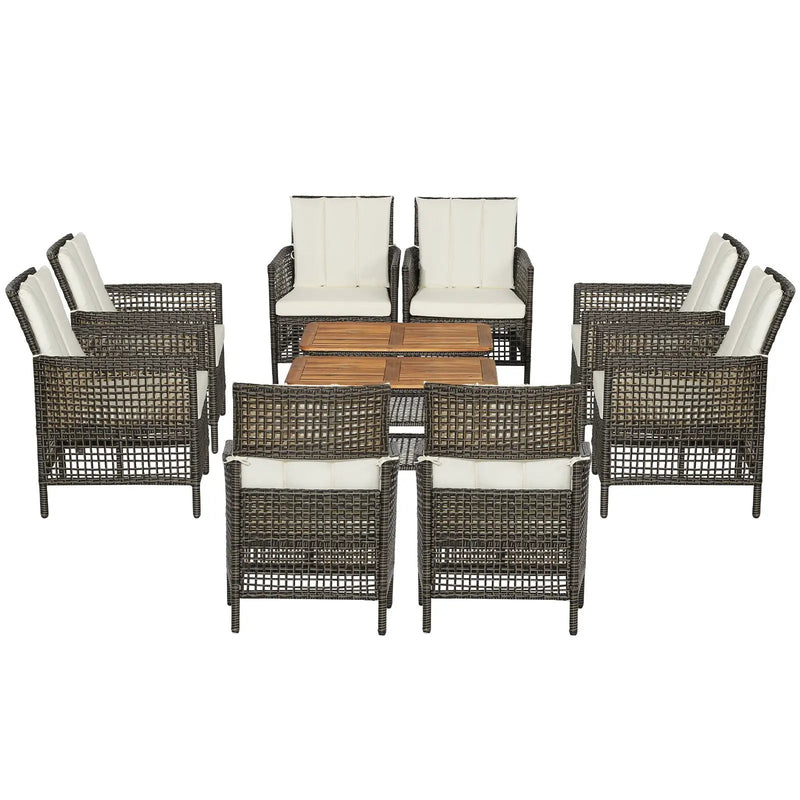 5 Pieces Patio Rattan Furniture Set Cushioned Sofa Armrest Wooden Tabletop-Off White by DirectDeals