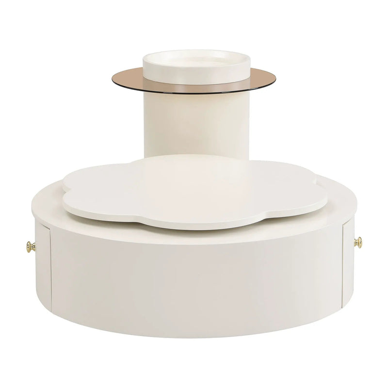 Modern Round Coffee Table (Set of 2), 360 Degree Rotatable Flower Shaped Top With 2 Drawers, Top Circle Side Table End Table With Glass For Living Room - Off White by HouseOfZazla