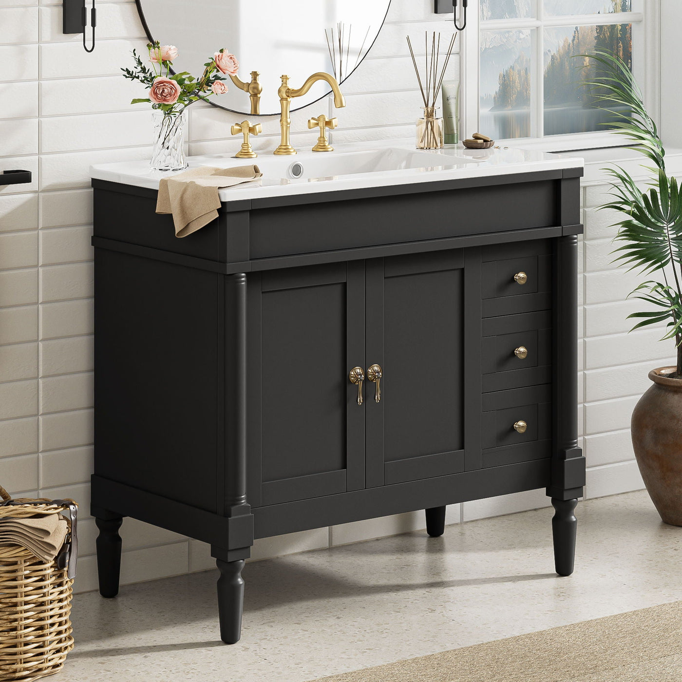 Bathroom Vanity With Ceramic Sink, 2 Doors 3 Drawers, Soft Close Design by Unique Piece Furniture