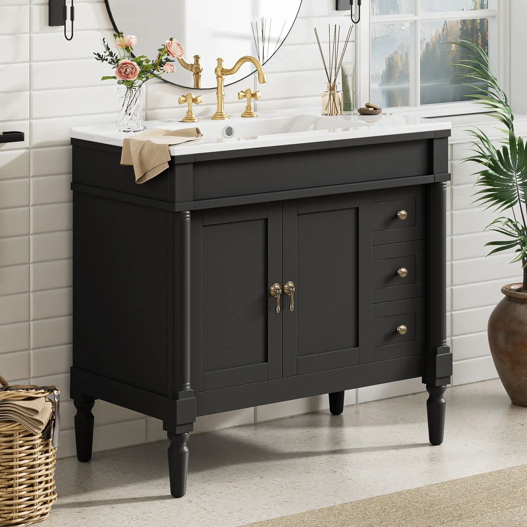 Bathroom Vanity With Ceramic Sink, 2 Doors 3 Drawers, Soft Close Design by Unique Piece Furniture
