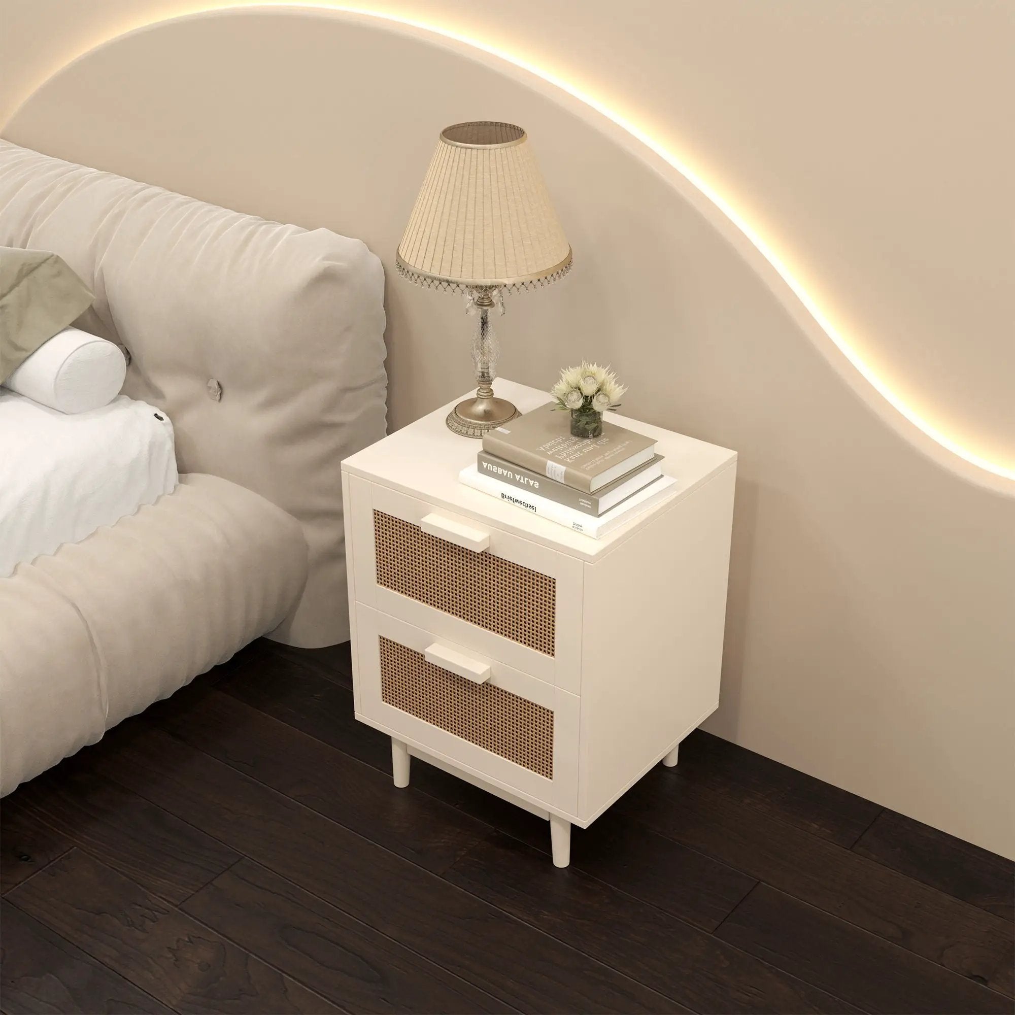 Nightstand With 2 Drawers, Storage Side Table For Bedroom - Antique Natural / Rattan by Unique Piece Furniture