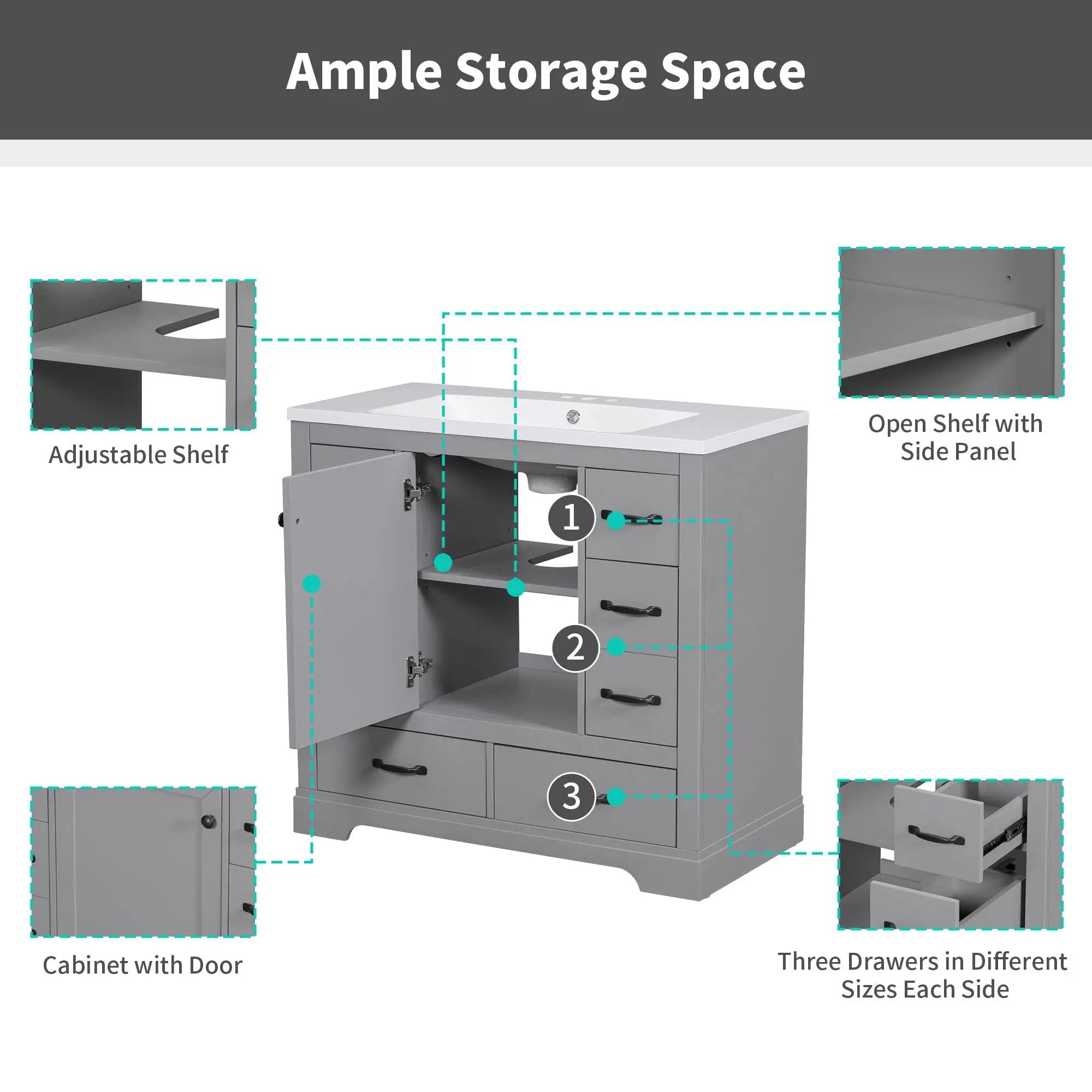 36" Bathroom Vanity Without Sink, Cabinet Base Only, 6 Drawers, Multi Functional Drawer Divider, Adjustable Shelf - Gray