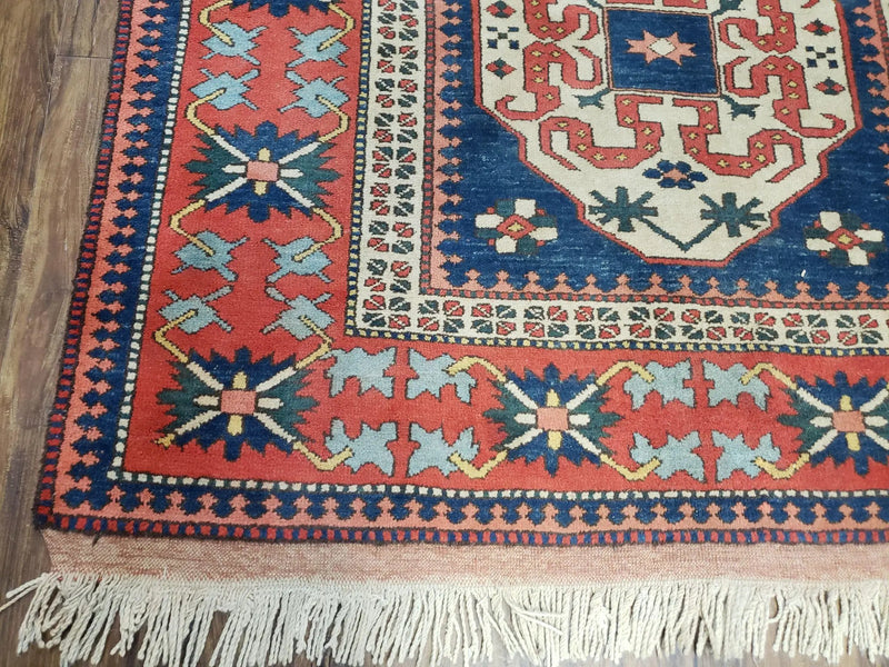 Turkish Kazak Rug 5x6 Vintage Handmade Wool Carpet Geometric Blue Red by Jewel Rugs