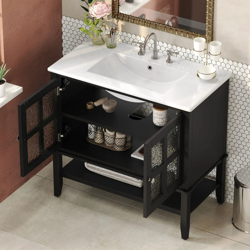 Bathroom Vanity With Ceramic Sink, Adjustable & Open Shelf by HouseOfZazla