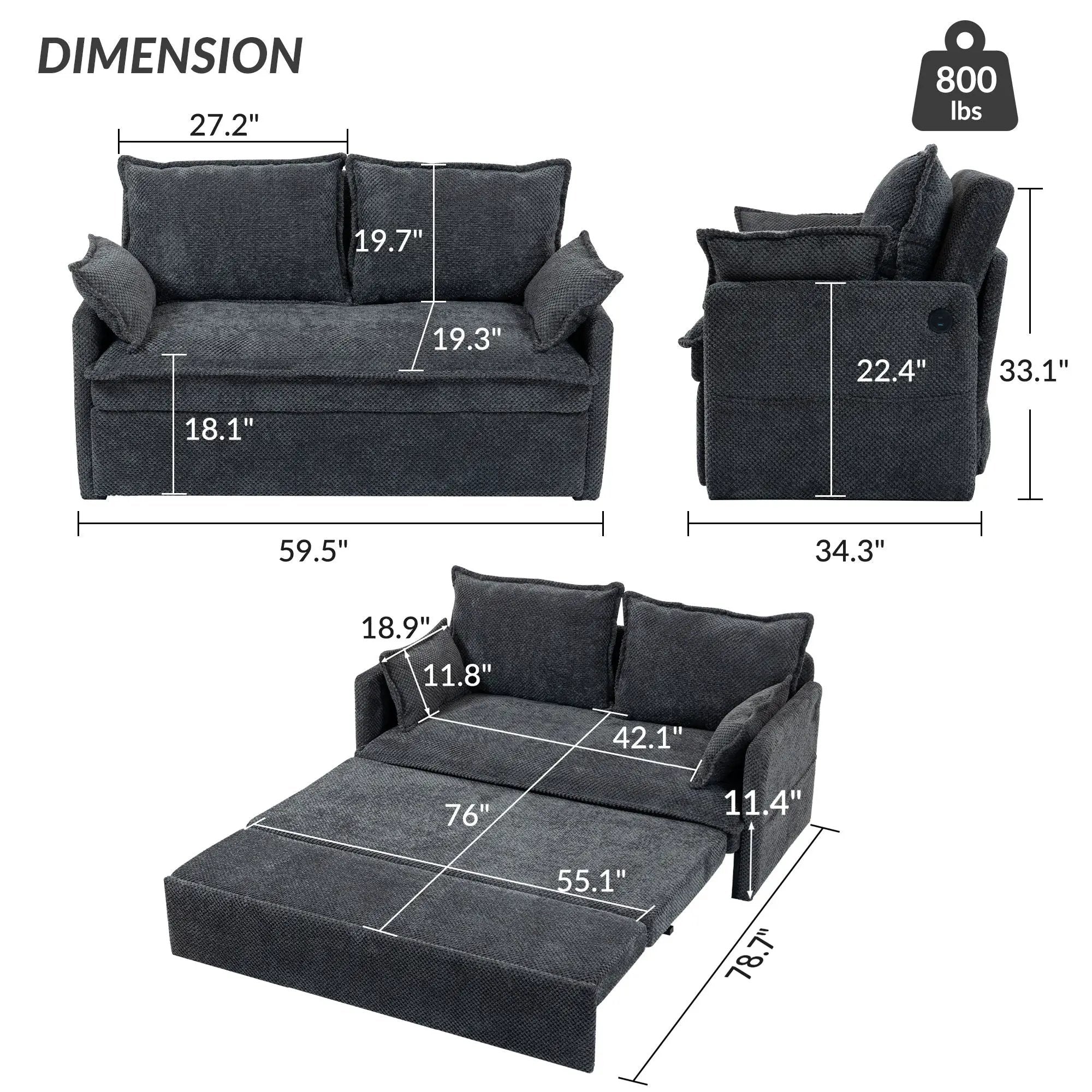 Pull Out Sofa Bed, Convertible Sleeper Sofa Couch, Side Storage, And USB / C - Type Charging Ports Chair by Unique Piece Furniture