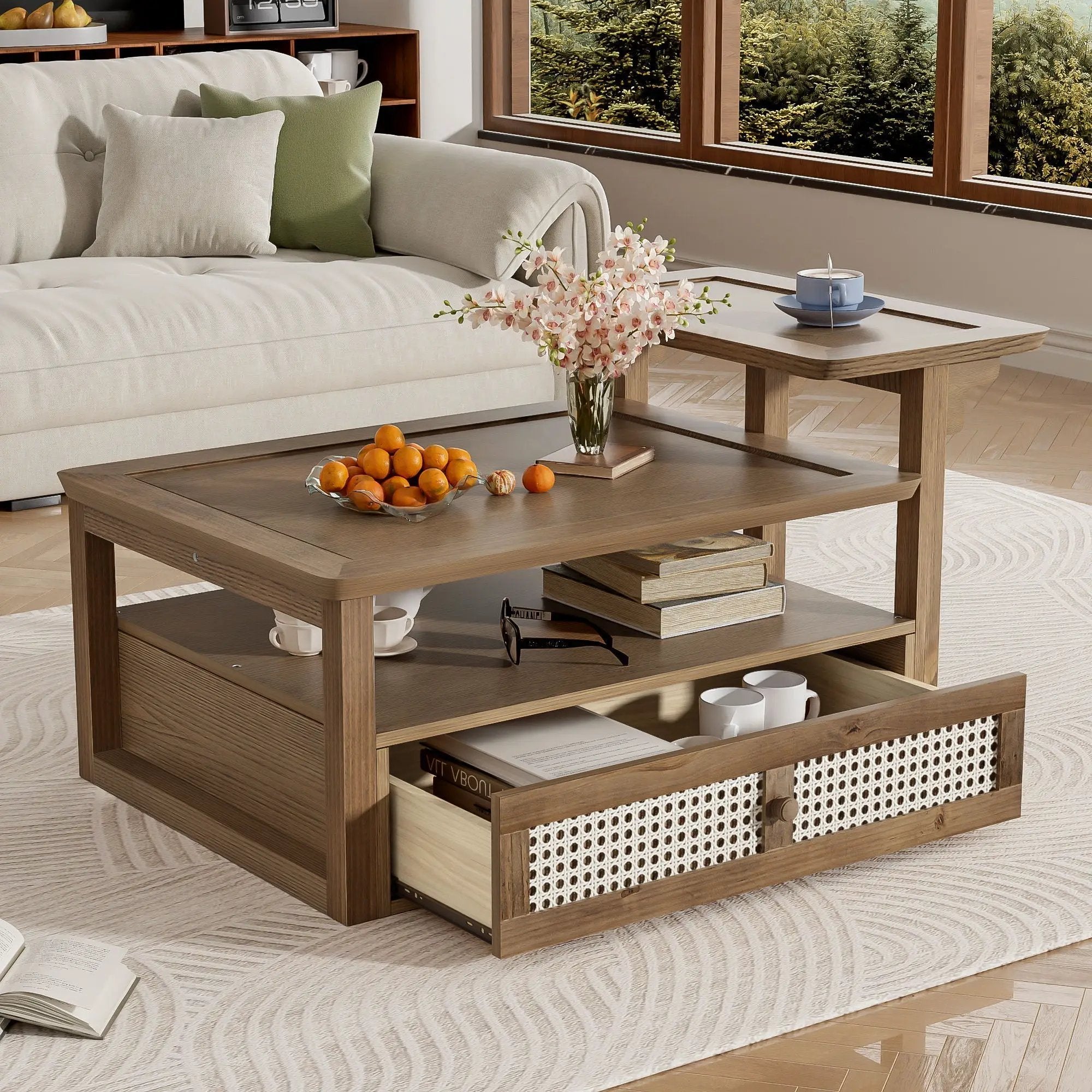 Coffee Table With 1 Storage Shelf, 2 Tabletops And 1 Rattan Drawer by HouseOfZazla