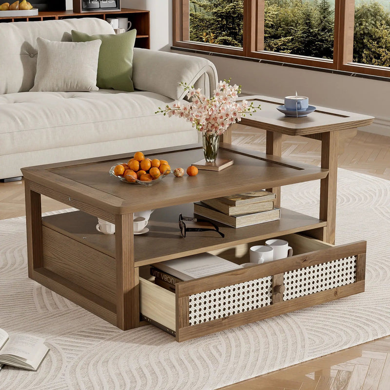 Coffee Table With 1 Storage Shelf, 2 Tabletops And 1 Rattan Drawer by HouseOfZazla