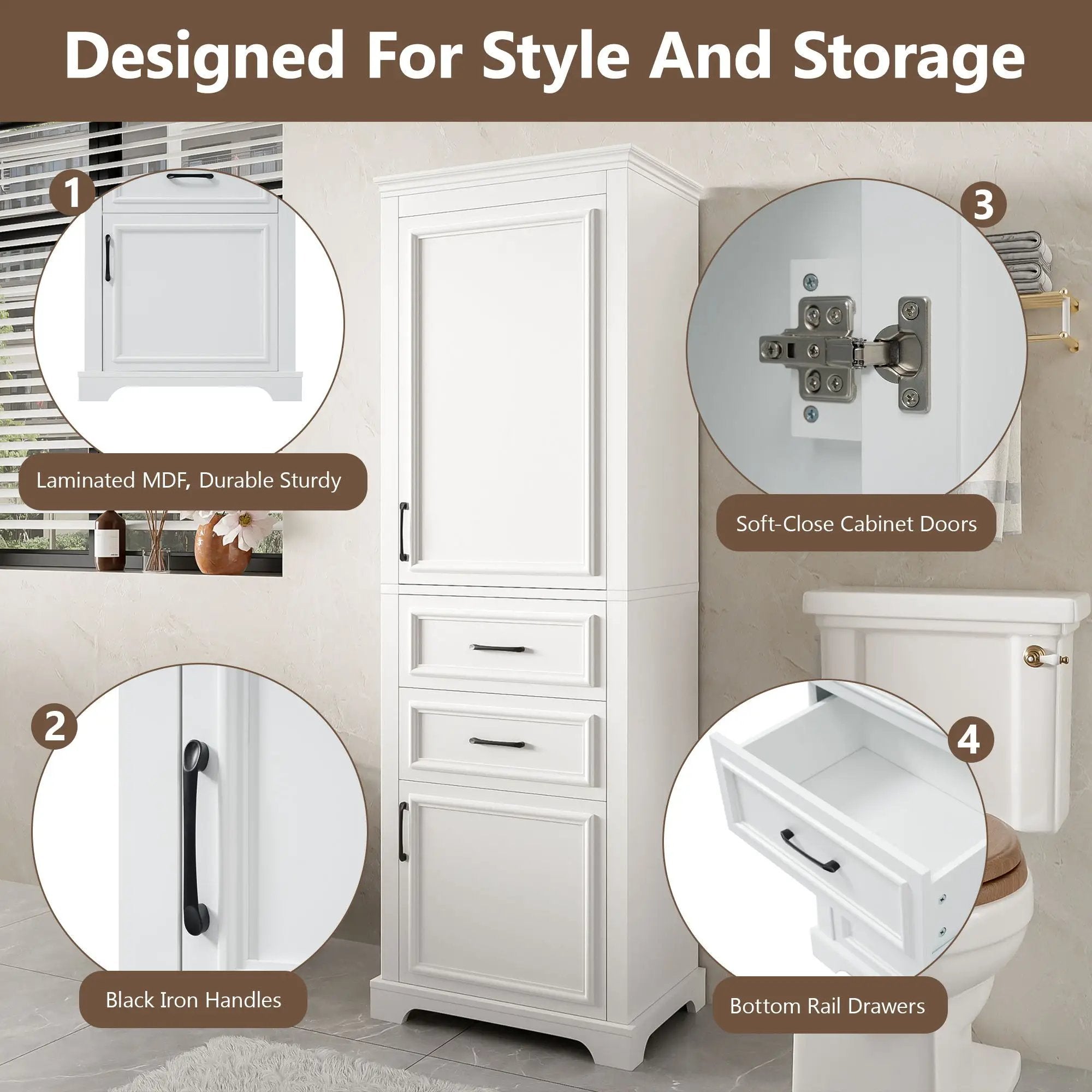 Freestanding Bathroom Vanity Tall With Damping Hinge Doors, Adjustable Shelves - White by Unique Piece Furniture