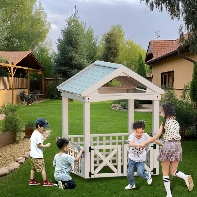Outdoor Wooden Playhouse With Bench And Door - White by HouseOfZazla