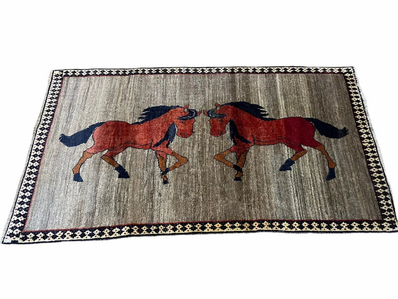 4 X 7 Handmade Hand-Knotted Quality Wool Rug Pictorial Horses Veggie Dyes Tribal by Jewel Rugs