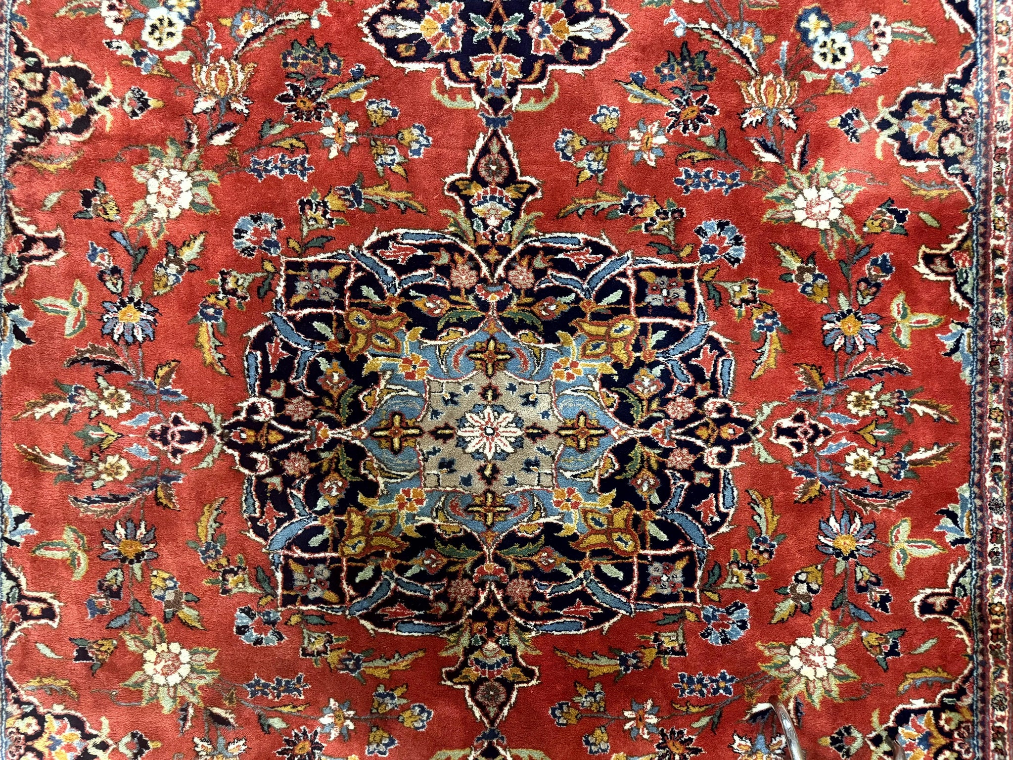 Indo Persian Rug 7x10, Vintage Handmade Wool Carpet, Floral Medallion Traditional Rug, Red and Midnight Blue by Jewel Rugs