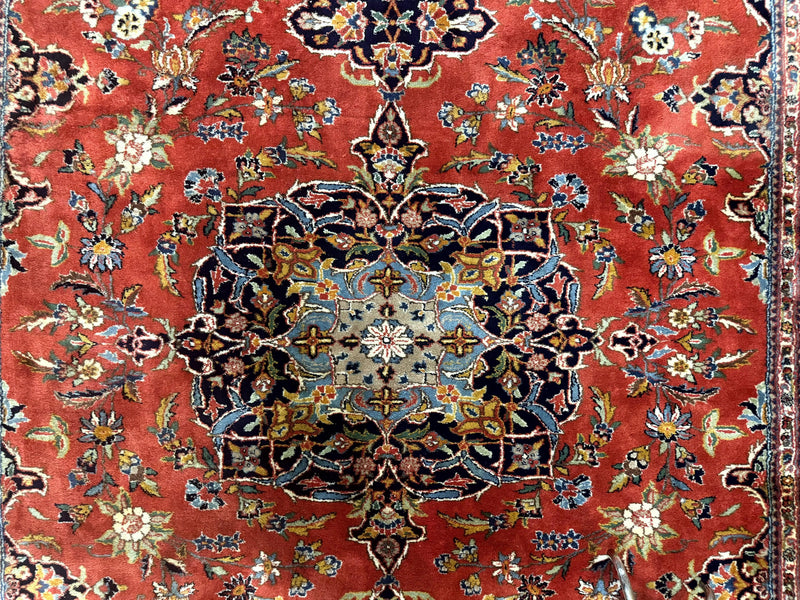 Indo Persian Rug 7x10, Vintage Handmade Wool Carpet, Floral Medallion Traditional Rug, Red and Midnight Blue by Jewel Rugs