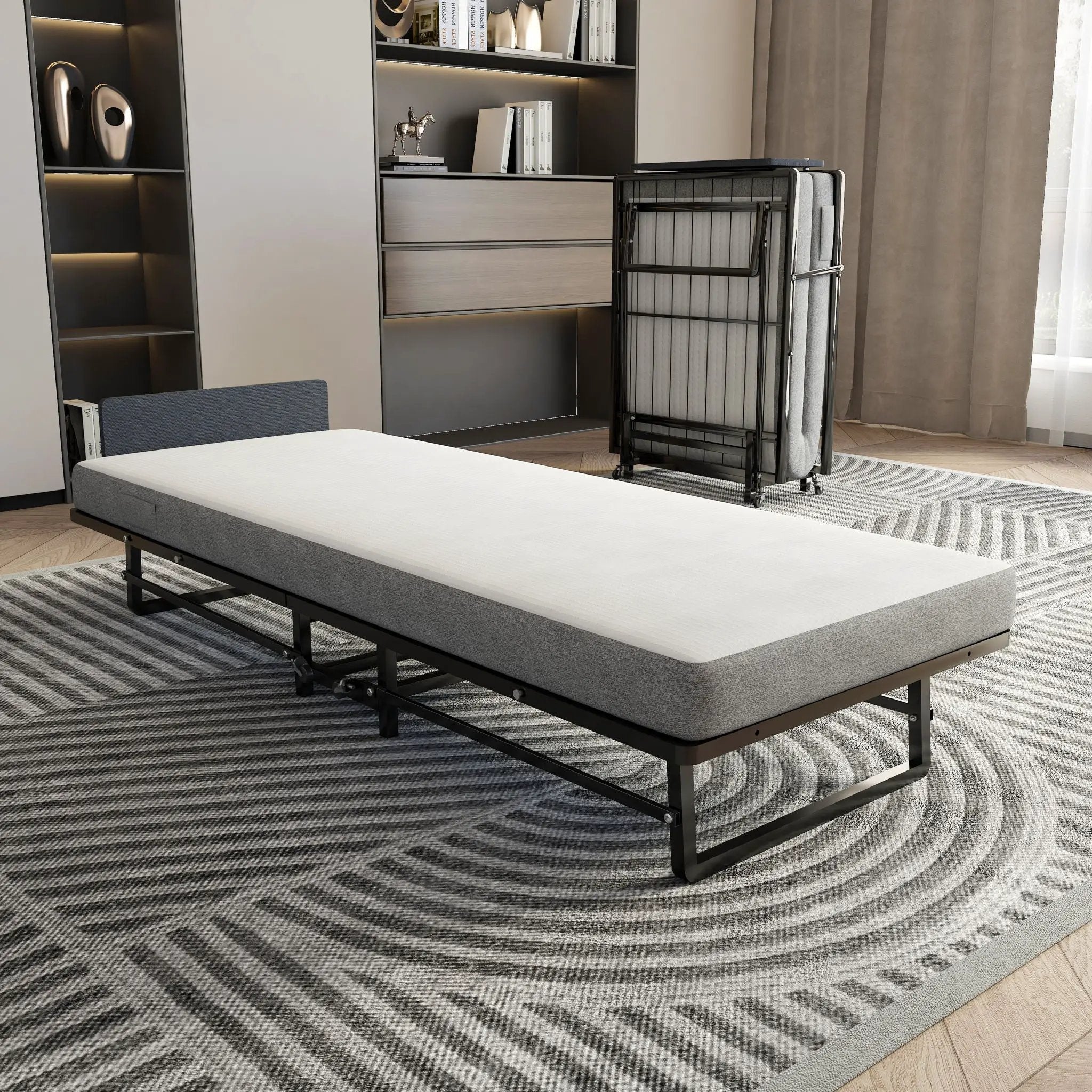 Modern Metal Folding Bed Frame With Foam Mattress, Easy Storage & Mobility - Black by HouseOfZazla