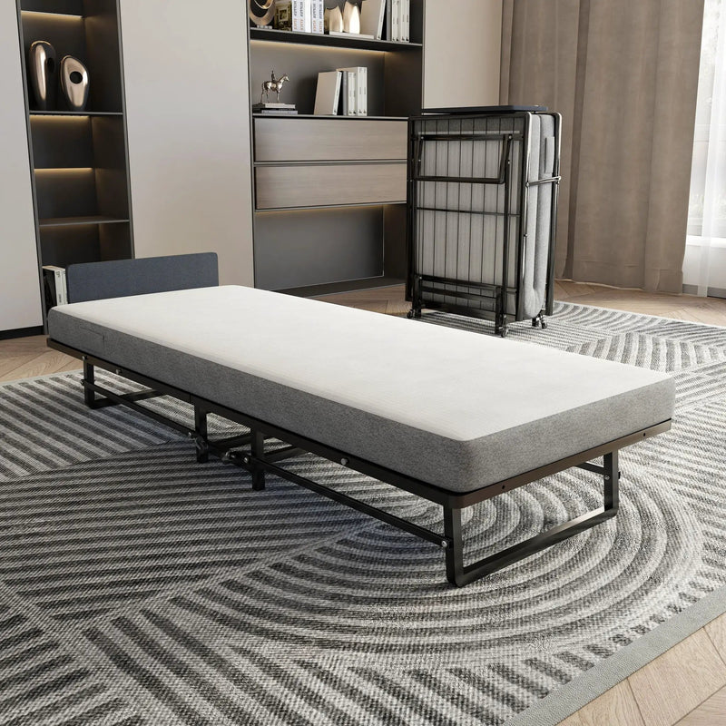 Modern Metal Folding Bed Frame With Foam Mattress, Easy Storage & Mobility - Black by HouseOfZazla