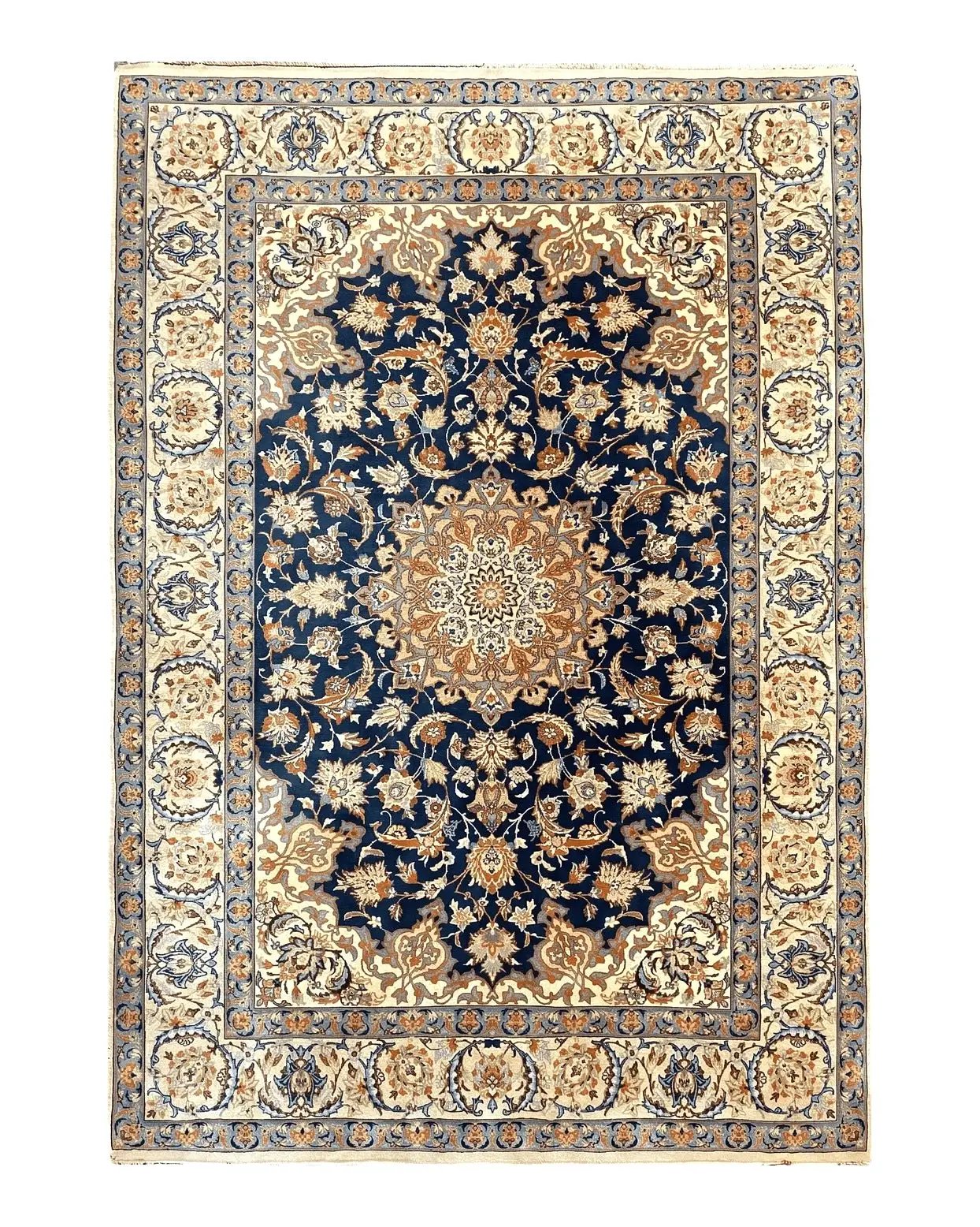 Persian Isfahan Rug 4x5, Navy Blue & Ivory, Wool and Silk Highlights by Jewel Rugs
