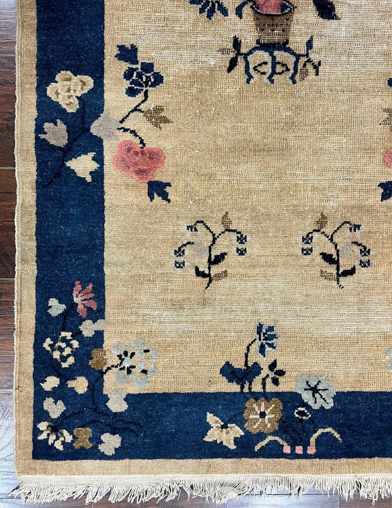 Antique Chinese Peking Rug 3x6, Beige and Dark Blue Hand Knotted Handmade Asian Oriental Carpet, Floral Vases, Vintage Wool Art Deco Rug by Jewel Rugs