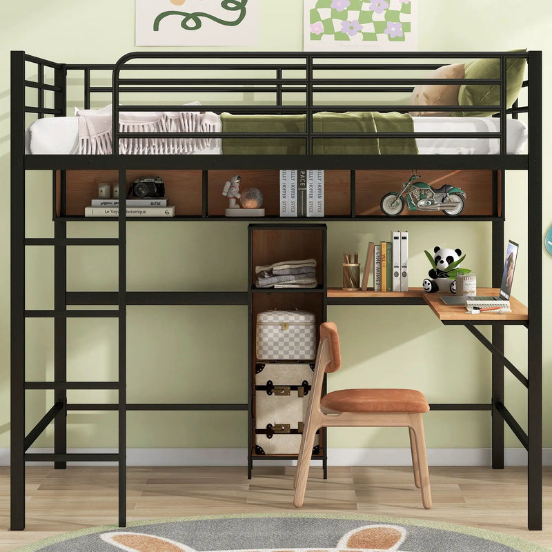 Full Size & Loft Bed With L-Shaped Desk And Shelves - Black by Unique Piece Furniture