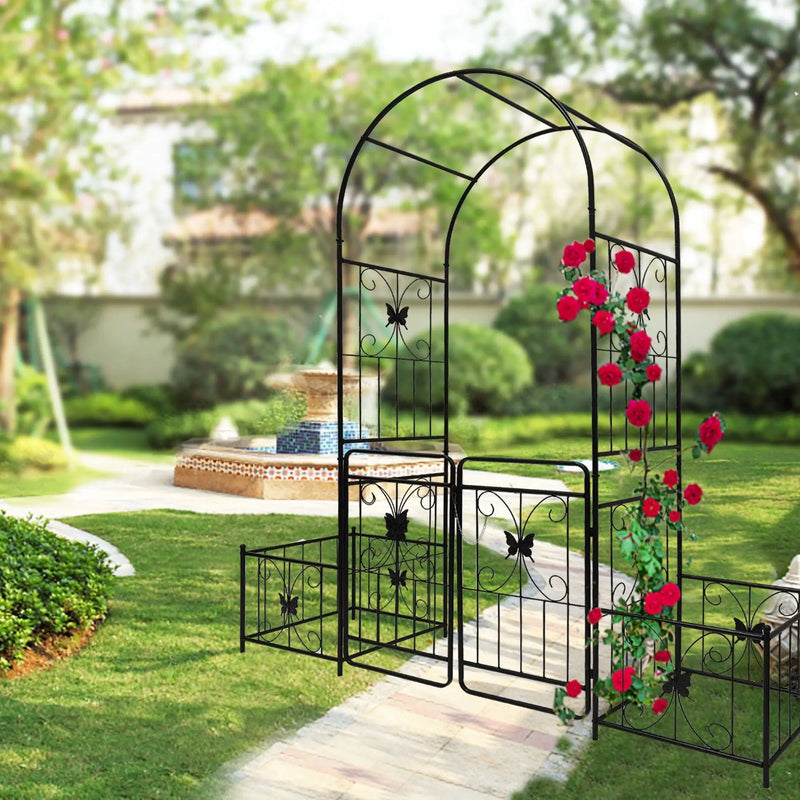 Metal Garden Arch With Gate High Climbing Plants Support Rose Arch Outdoor - Black by HouseOfZazla
