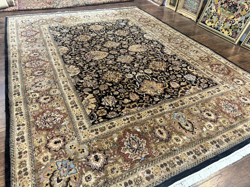 Indo Persian Rug 9x12, Floral Allover, Midnight Blue, Handmade Vintage Wool Oriental Carpet by Jewel Rugs