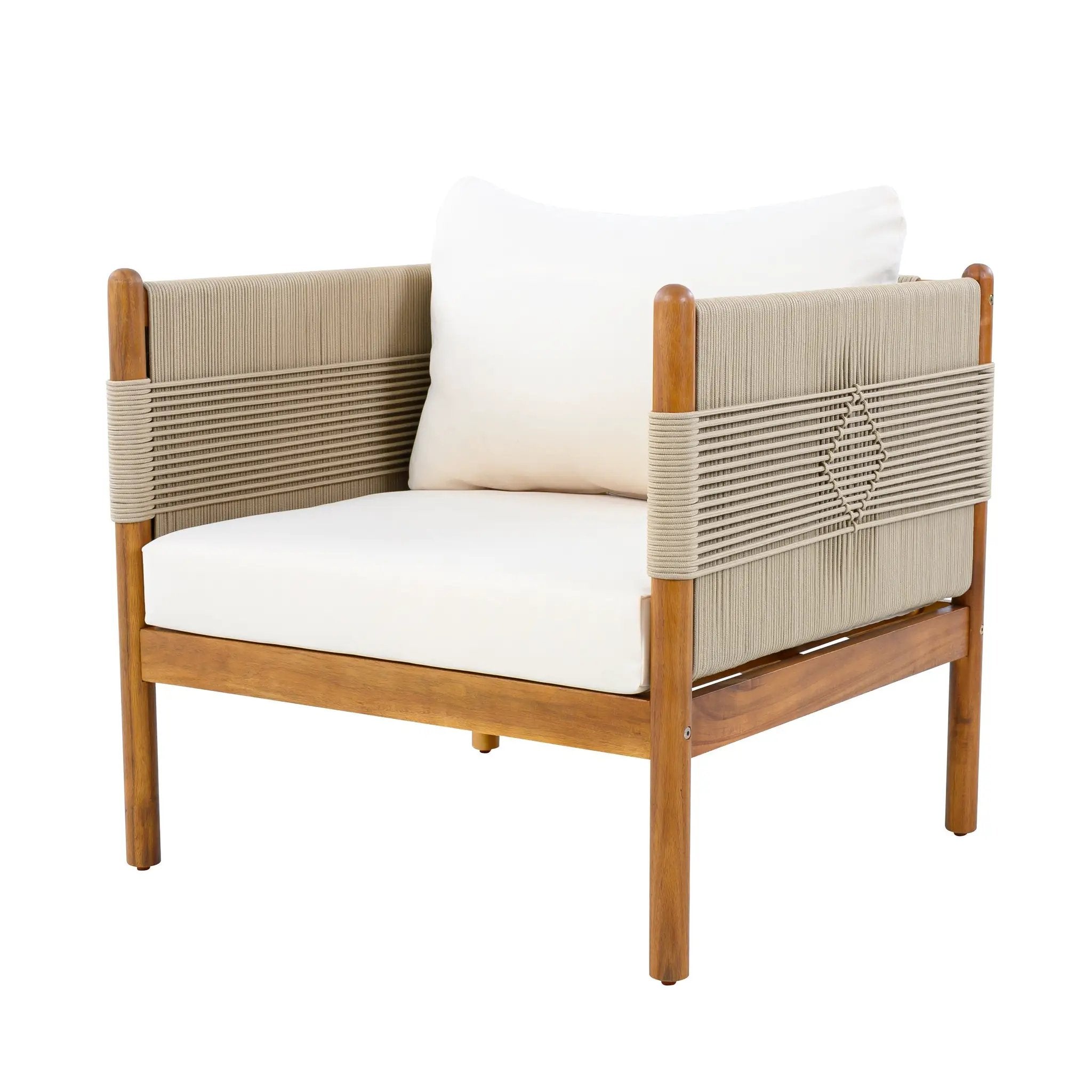 Outdoor Club Chairs (Set of 2) with Diamond-Pattern Beige Rope, Teak Finish by HouseOfZazla