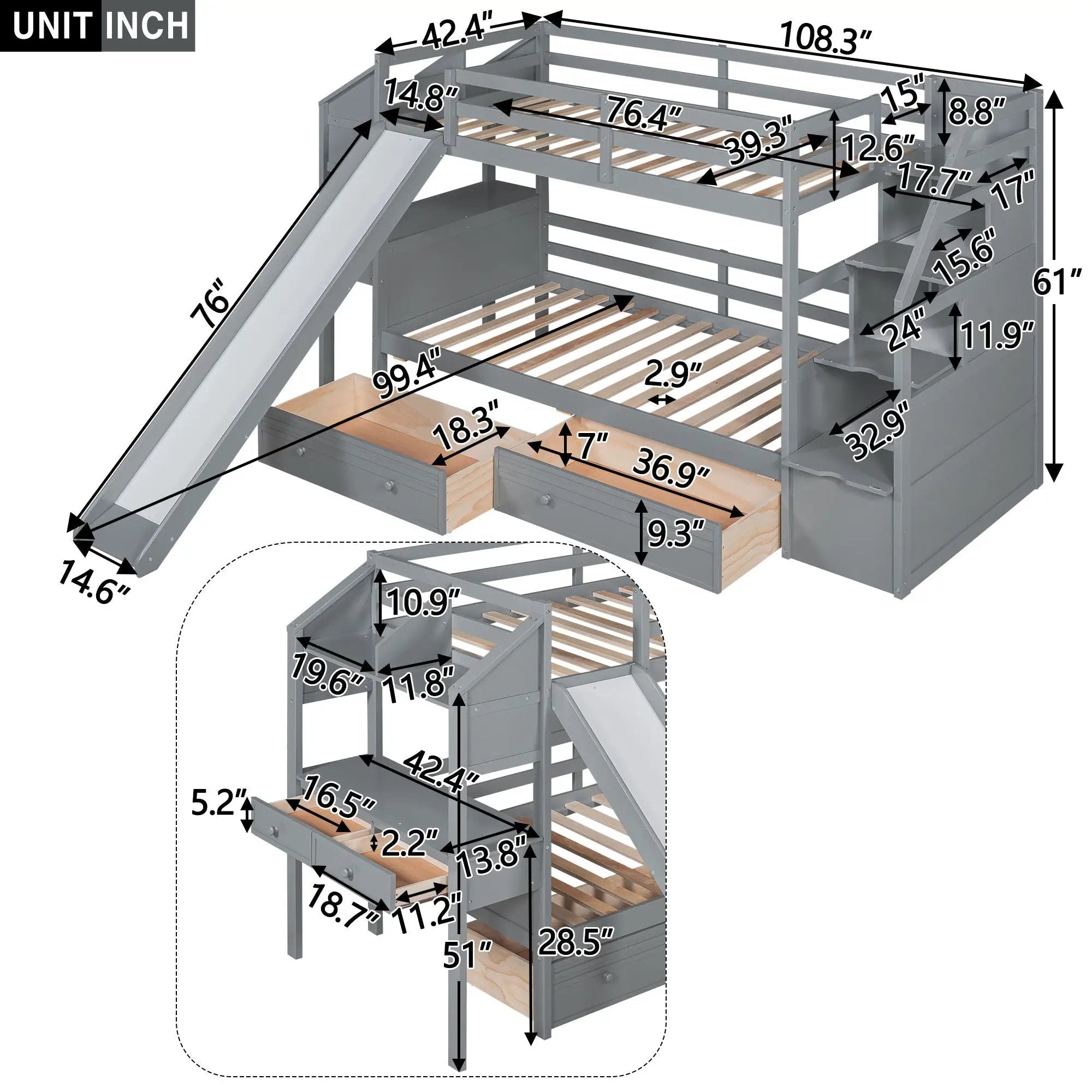 Bunk Bed With Storage Staircase, Slide, Desk, Drawers, And Shelves by Unique Piece Furniture