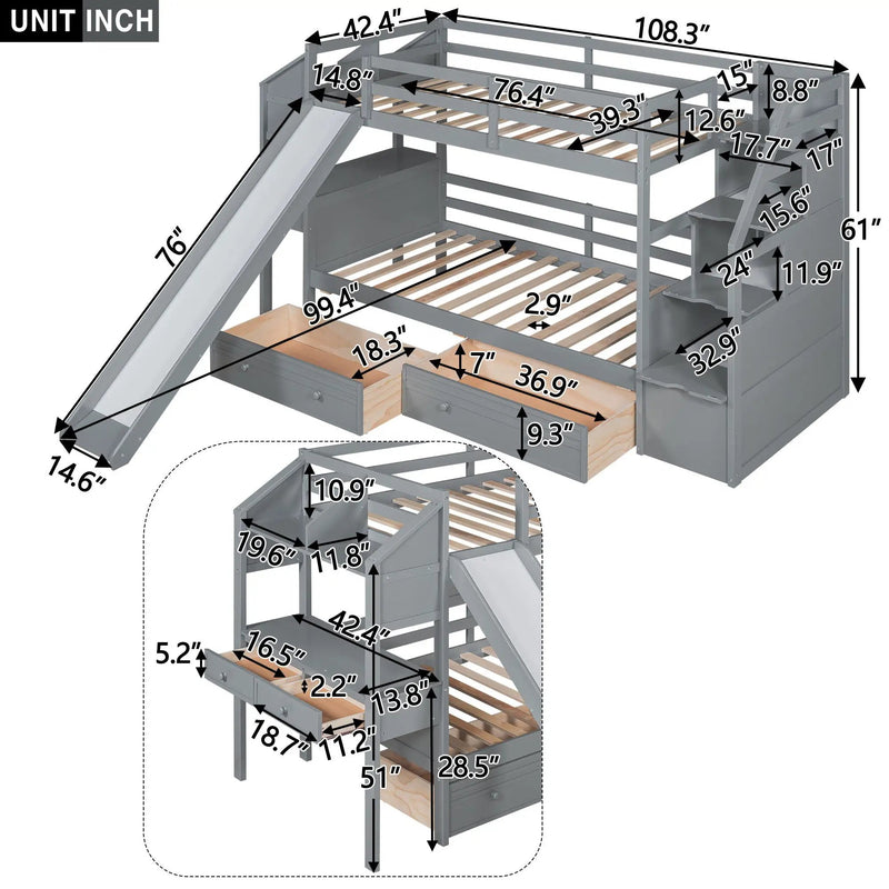Bunk Bed With Storage Staircase, Slide, Desk, Drawers, And Shelves