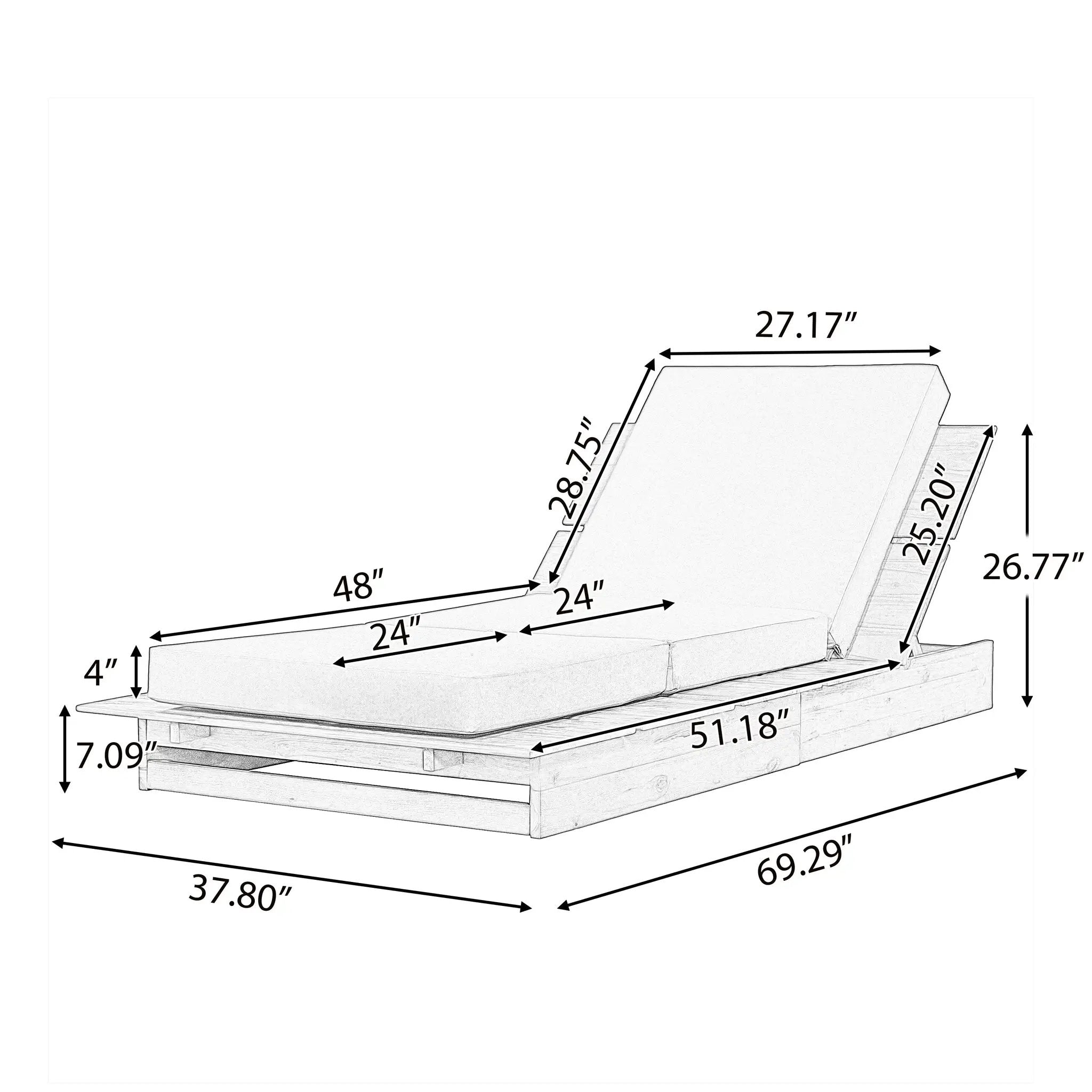 Acacia Wood Chaise Lounge with 4" Thick 3-Fold by HouseOfZazla