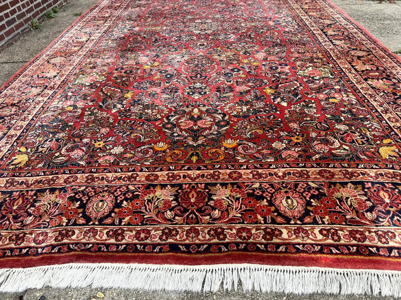 Large Antique Persian Sarouk Rug 11x18, Red, Floral Allover, Palace Size Wool Handmade Carpet by Jewel Rugs