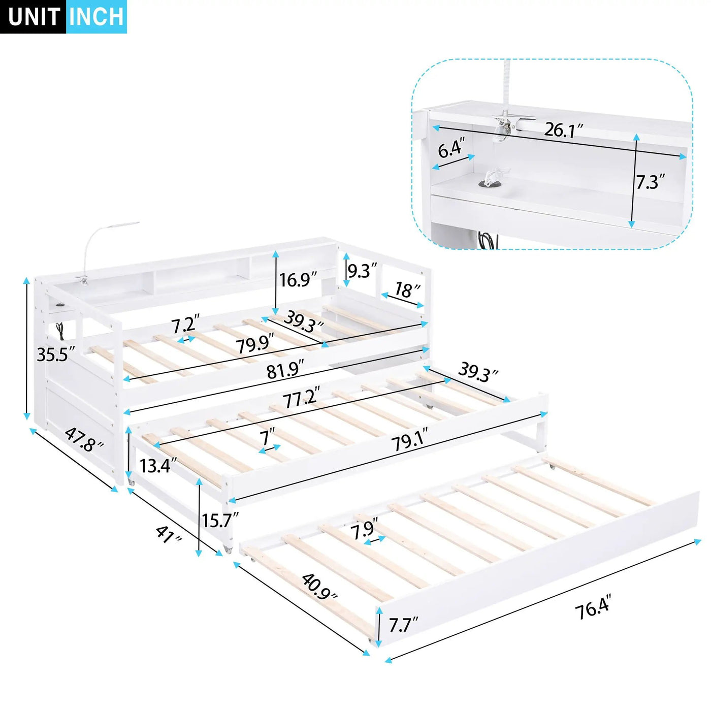 Daybed With 2 Trundles, 3 Storage Cubbies, Built In USB Charging Light by Unique Piece Furniture