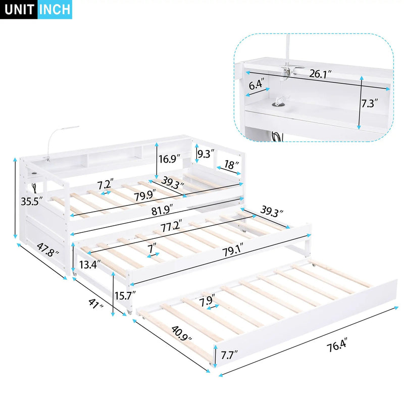 Daybed With 2 Trundles, 3 Storage Cubbies, Built In USB Charging Light