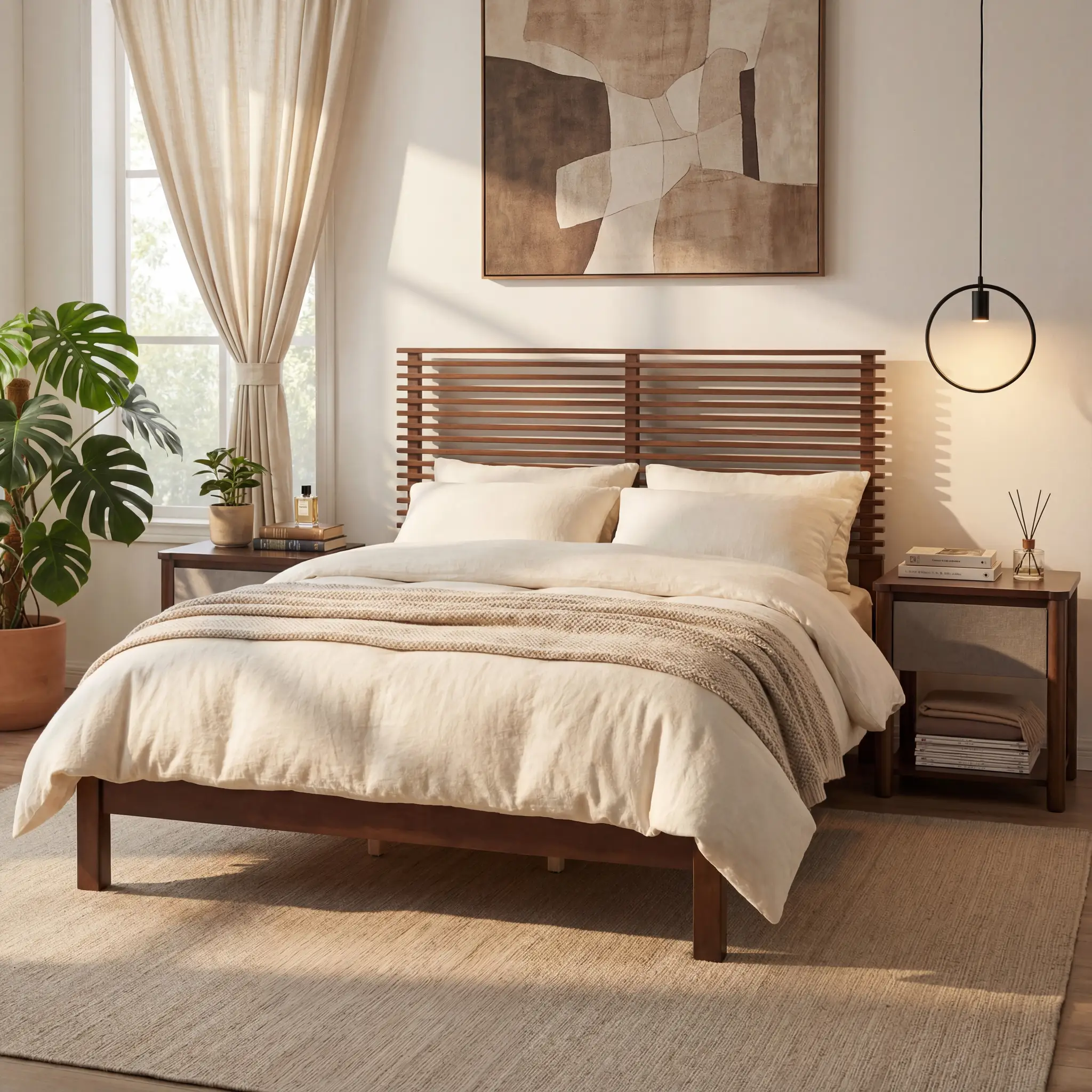 Premium Solid Wood King Size Bed Frame with Headboard - Walnut Color by HouseOfZazla