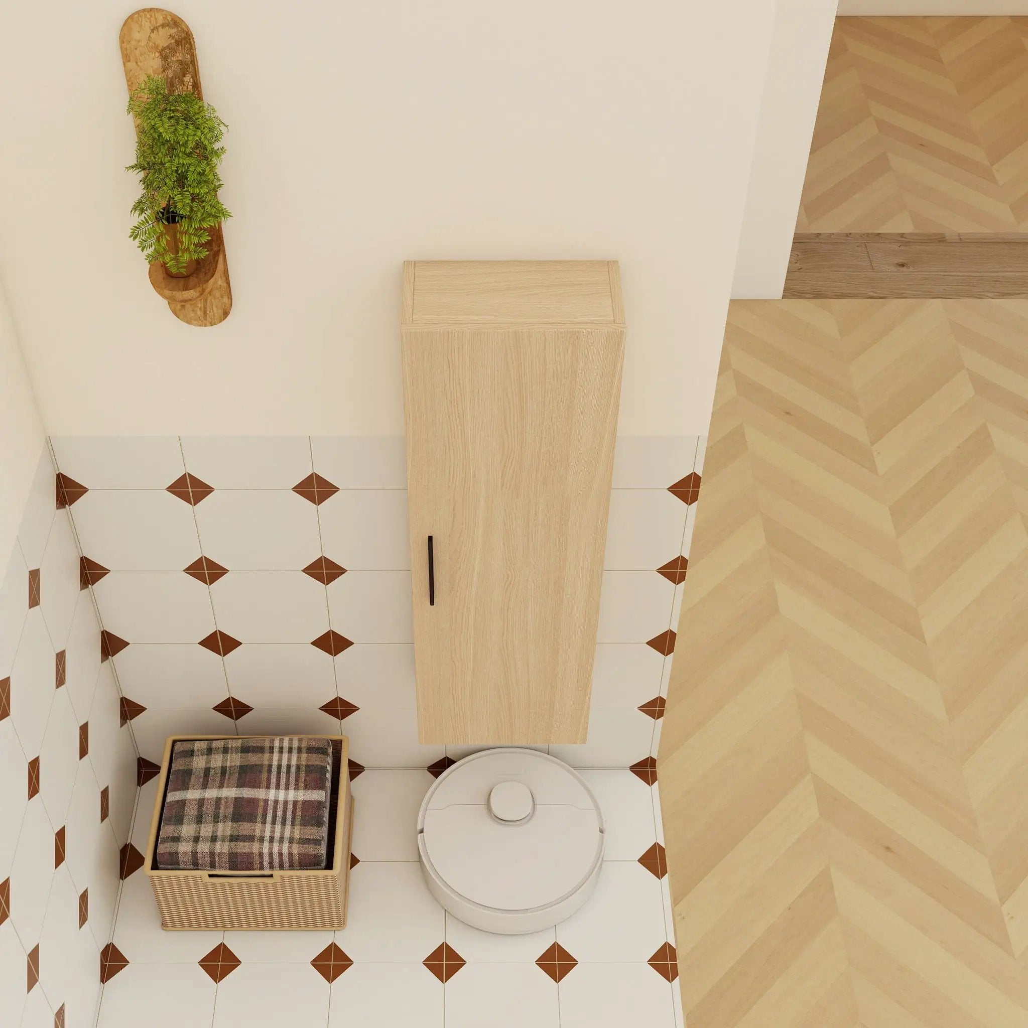Tall Floating Bathroom Side Cabinet, Wall Mounted Single Door Storage - Light Oak by Unique Piece Furniture