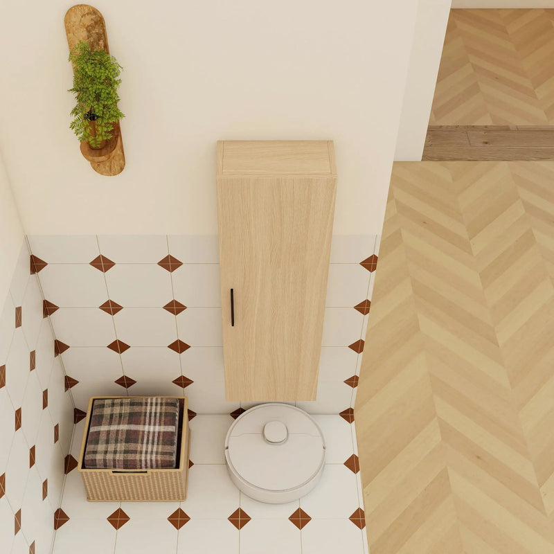 Tall Floating Bathroom Side Cabinet, Wall Mounted Single Door Storage - Light Oak by HouseOfZazla