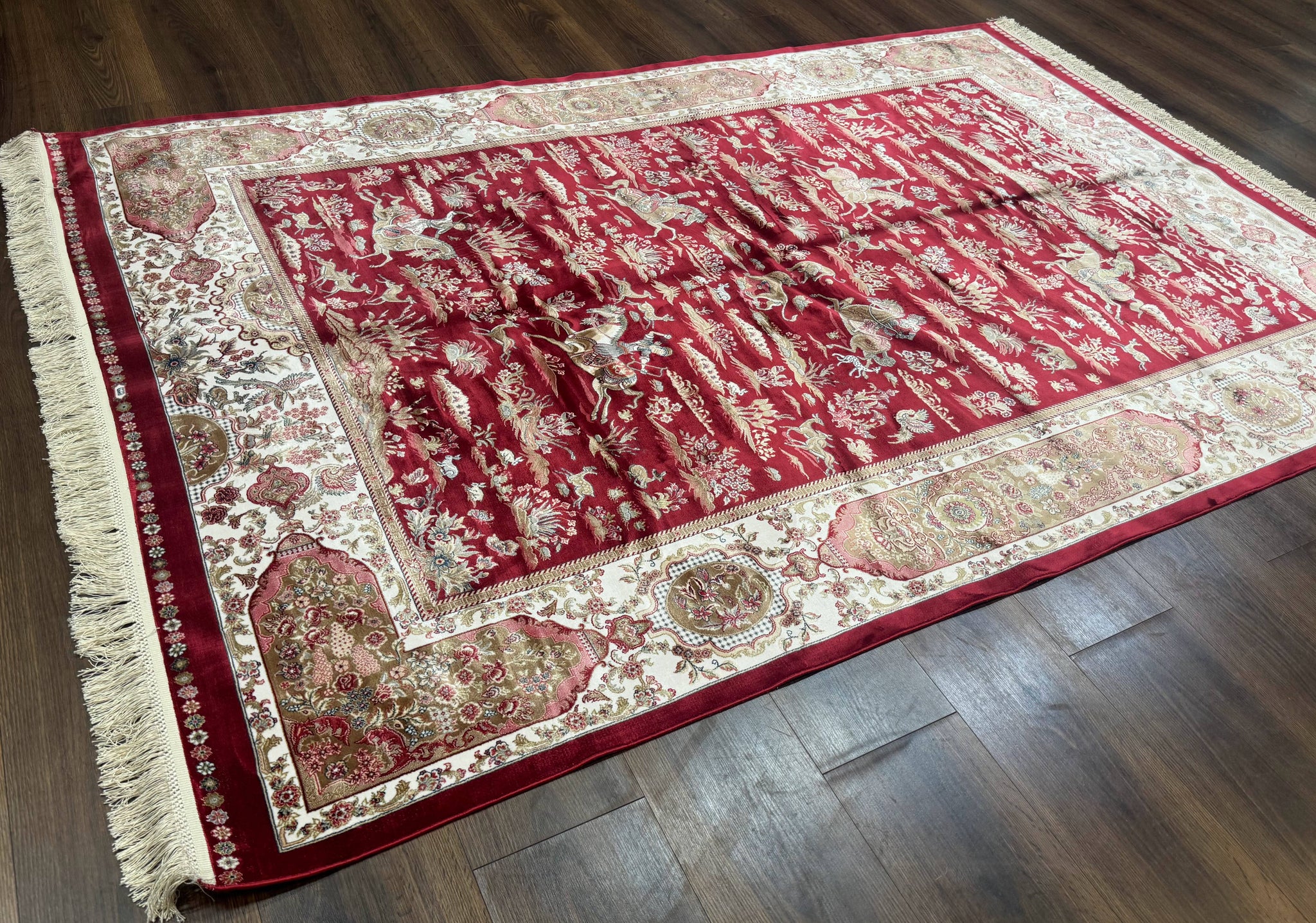 Turkish Silk Hunting Scene Rug 5 x 7.6, Red & Ivory, Bamboo Silk, New by Jewel Rugs