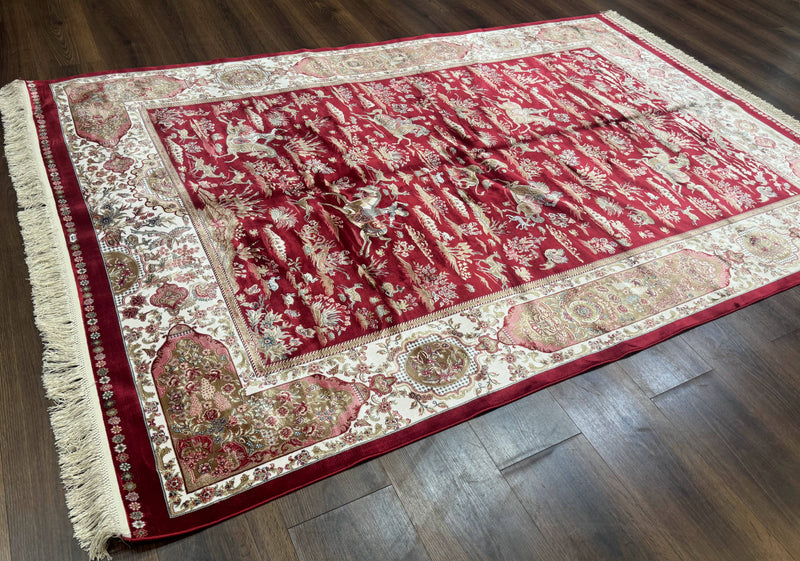 Turkish Silk Hunting Scene Rug 5 x 7.6, Red & Ivory, Bamboo Silk, New by Jewel Rugs