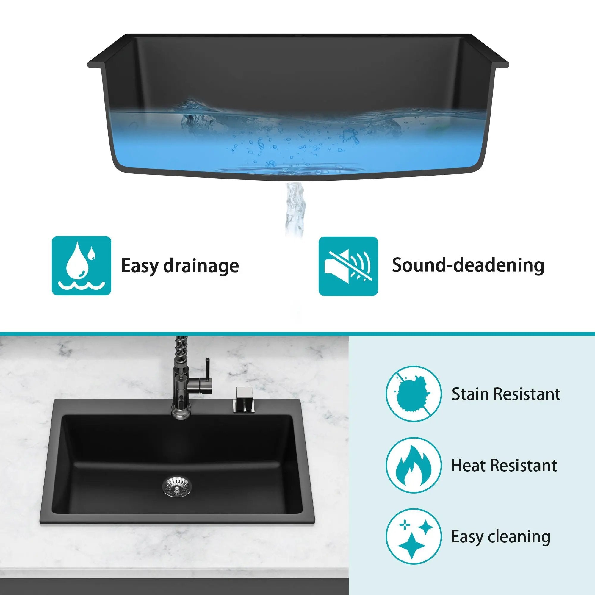 Kitchen Sink Granite Composite Drop In Sink With Durable Material - Black by HouseOfZazla