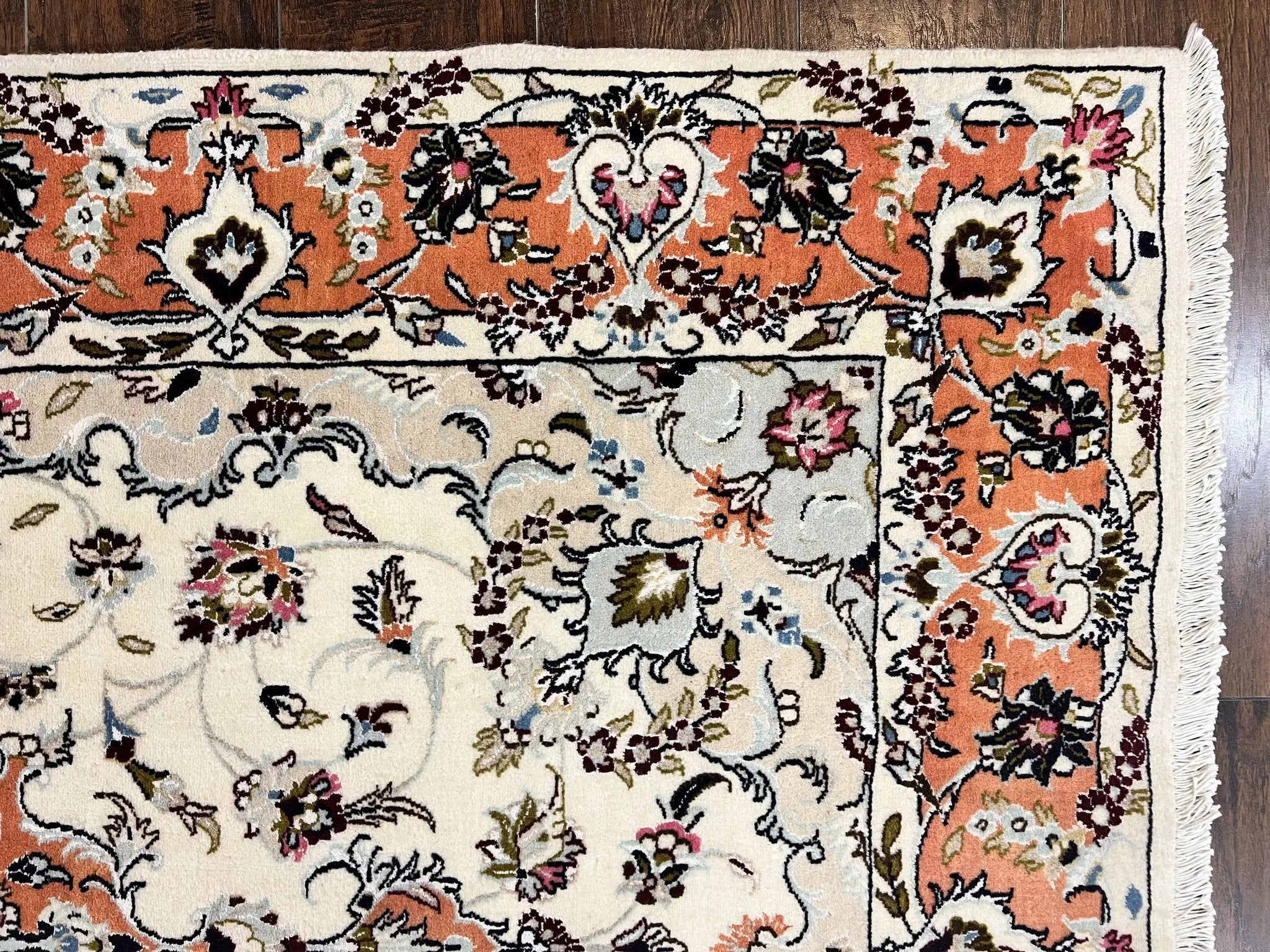 Persian Tabriz Rug 4.5 x 6.8, Finely Hand Knotted Wool with Silk Highlights Vintage Oriental Carpet, Cream and Salmon, High KPSI, Floral Medallion by Jewel Rugs