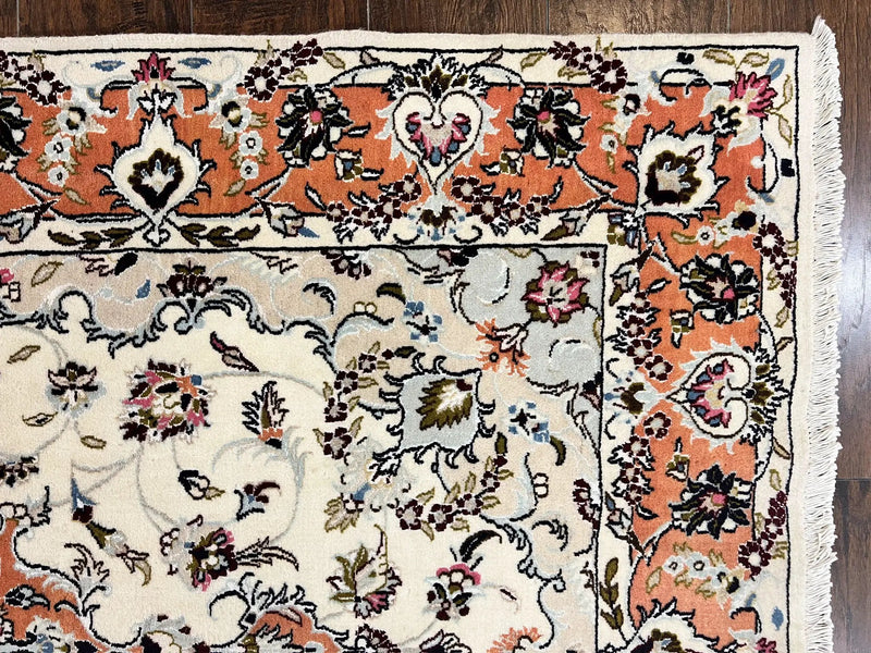 Persian Tabriz Rug 4.5 x 6.8, Finely Hand Knotted Wool with Silk Highlights Vintage Oriental Carpet, Cream and Salmon, High KPSI, Floral Medallion by Jewel Rugs