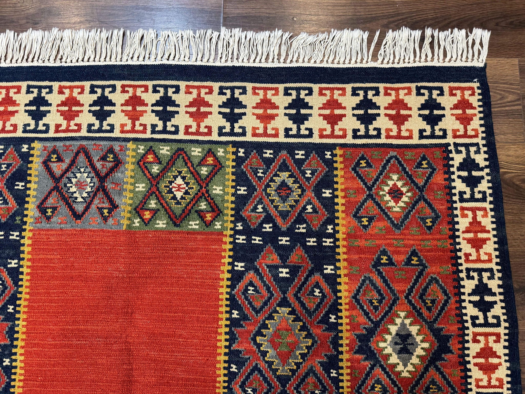 Turkish Kilim Rug 5x8, Flatweave Carpet, Handmade Bohemian Rug, Terracotta and Navy Blue by Jewel Rugs