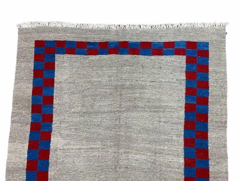 Gray Turkish Kilim Carpet 5' 7" x 7' 7", Medium Kilim Rug, Hand-Knotted, Blue & Red Border, Minimalistic Design, Geometric, Wool, New by Jewel Rugs