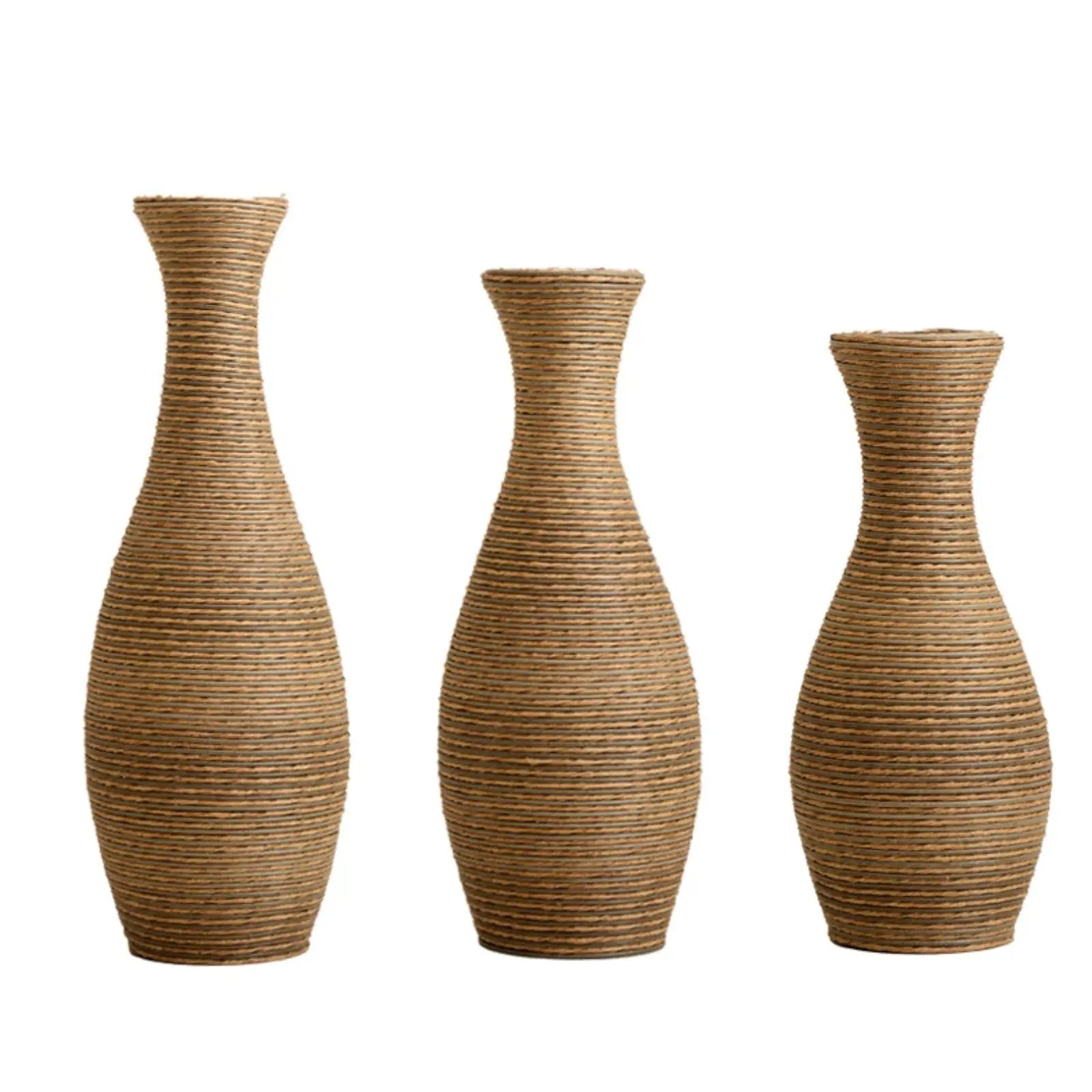 3 Piece Artificial Rattan Floor Vase Set Decorative Accent For Living Room, Hallway & Entryway, Ideal For Dried Or Silk Flower Arrangements - Beige by Unique Piece Furniture