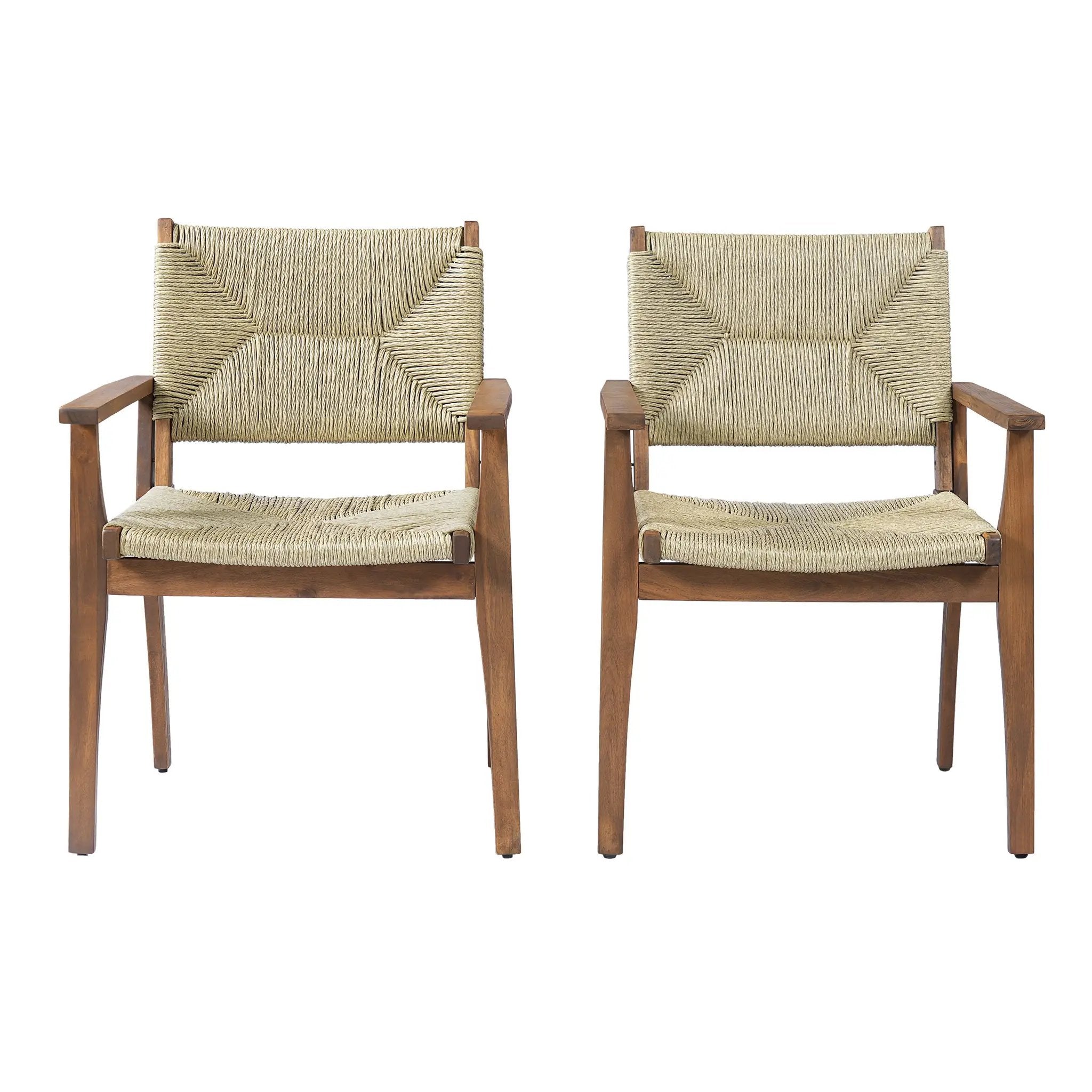 5-Piece Outdoor Dining Set: Teak Finish Round Acacia Wood Table & 4 Wicker Armchairs by HouseOfZazla