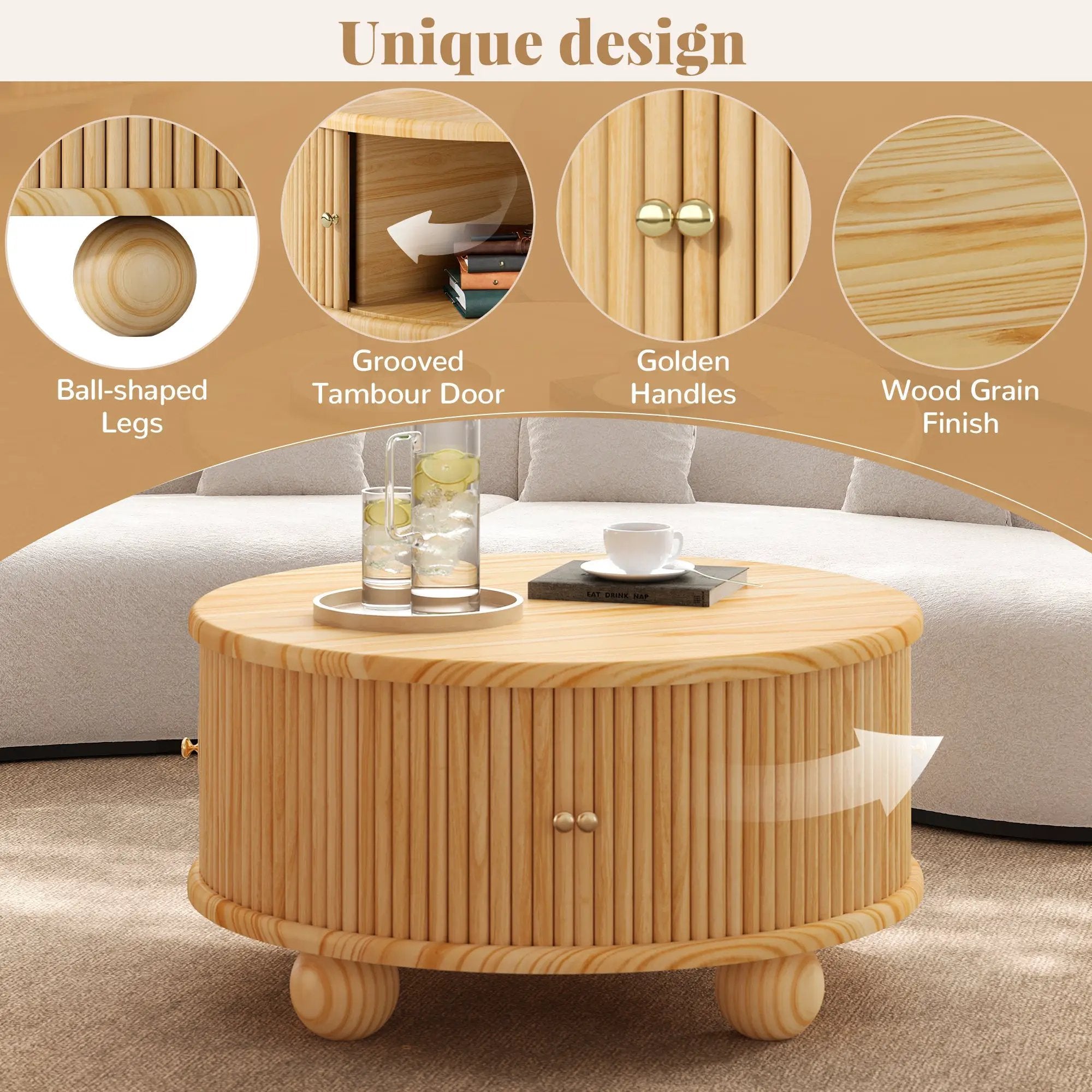 Round Fluted Coffee Table with Storage by HouseOfZazla