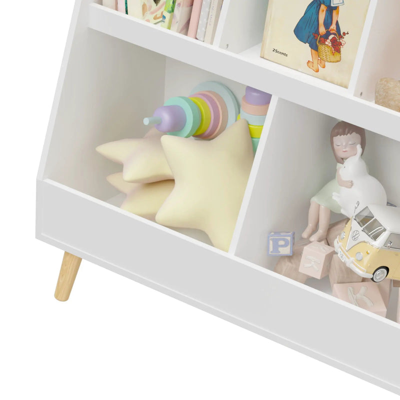 Kids Bookshelf And Toy Organizer, 5 Cubbies Wooden Open Bookcase, 2-Tier Baby Storage Display Organizer With Legs, Free Standing For Playing Room, Bedroom, Nursery, Classroom - White by HouseOfZazla