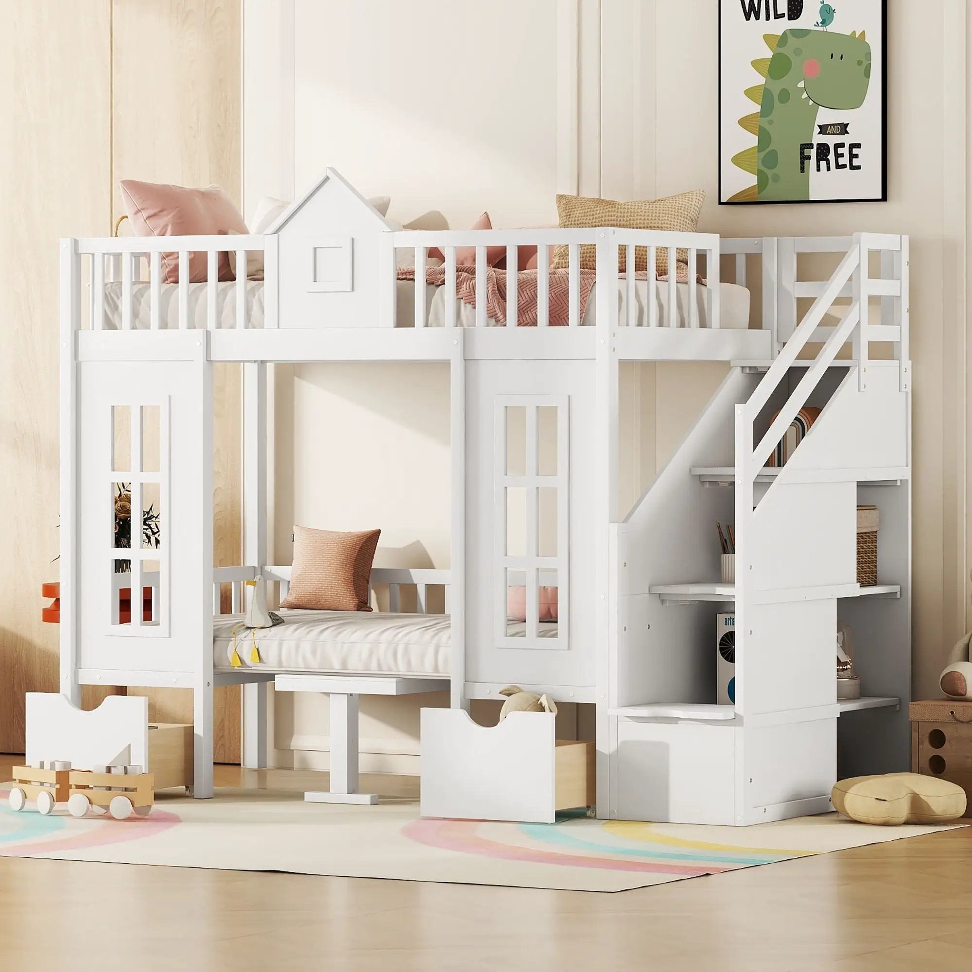 Twin Over Twin Bunk Bed With Changeable Table, Bunk Bed Turn Into Upper Bed And Down Desk by HouseOfZazla
