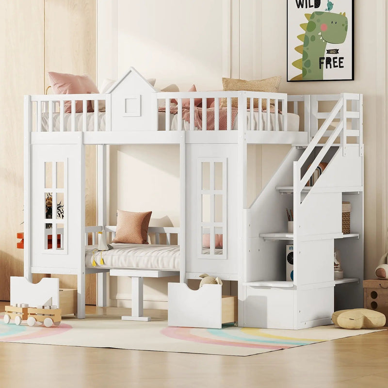 Twin Over Twin Bunk Bed With Changeable Table, Bunk Bed Turn Into Upper Bed And Down Desk by HouseOfZazla
